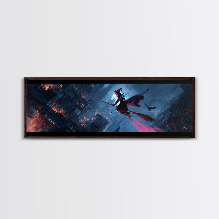 The Cyberpunk Witch, Apocalyptic Romantic Art, Extra Wide Wall Art, Dark Halloween Decor, Framed Canvas Print, Halloween Wall Art