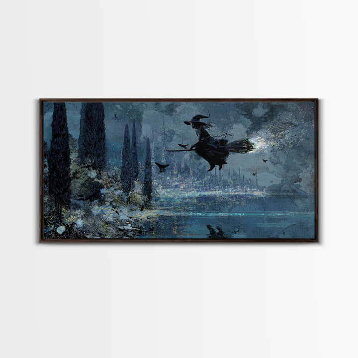 The Cyberpunk Witch, Symbolist Gothic Landscape, Wide Panoramic Art, Gothic Horror Wall Art, Framed Canvas Print, Halloween Wall Art