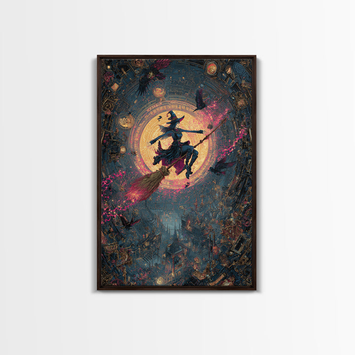 The Cyberpunk Witch, Ornate Symbolist Art, Vertical Wall Art, Macabre Wall Art, Framed Canvas Print, Halloween Wall Art