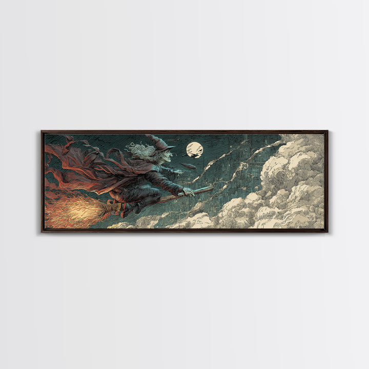 The Cyberpunk Witch, Symbolist Etching Art, Extra Wide Wall Art, Dark Halloween Decor, Canvas Print, Halloween Wall Art