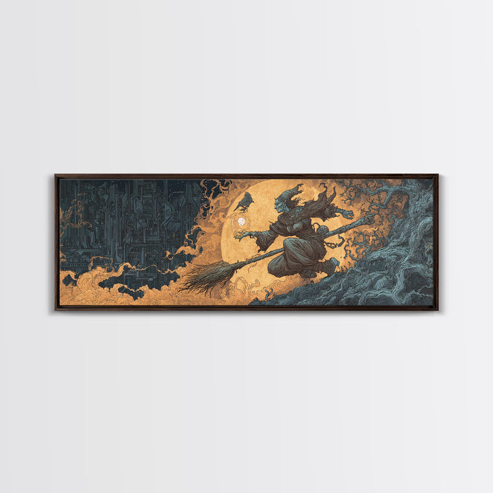The Cyberpunk Witch, Gothic Storybook Art, Extra Wide Wall Art, Gothic Horror Wall Art, Canvas Print, Halloween Wall Art