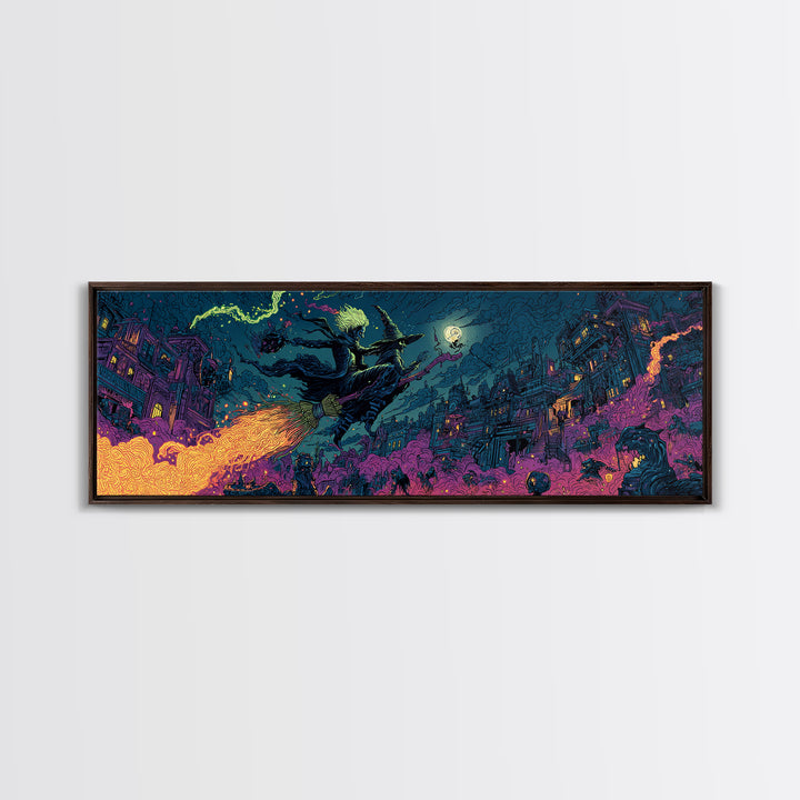 The Cyberpunk Witch, Macabre Folk Print Art, Extra Wide Wall Art, Gothic Horror Wall Art, Framed Canvas Print, Dark Fantasy Art