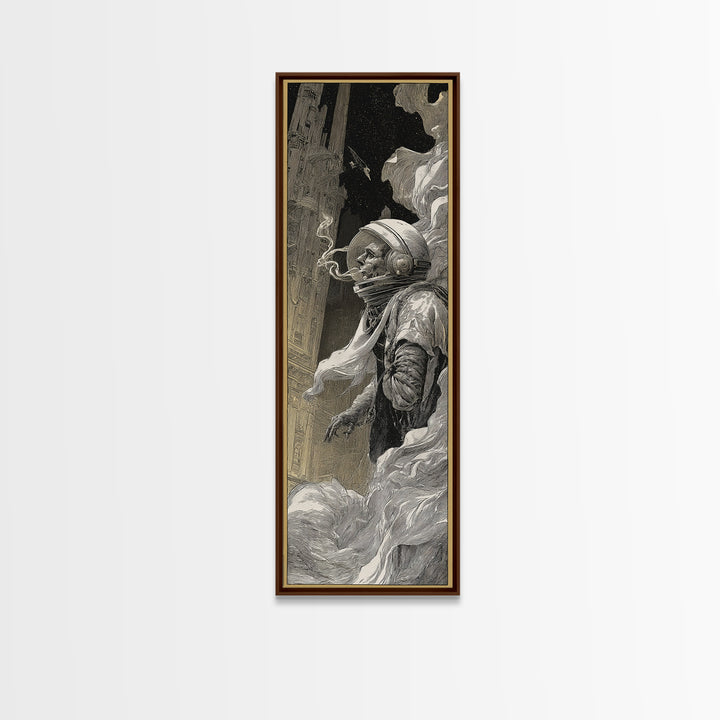 The Astronaut Ghost, Gothic Engraving Art, Tall Narrow Wall Art, Dark Halloween Decor, Framed Canvas Print, Halloween Wall Art