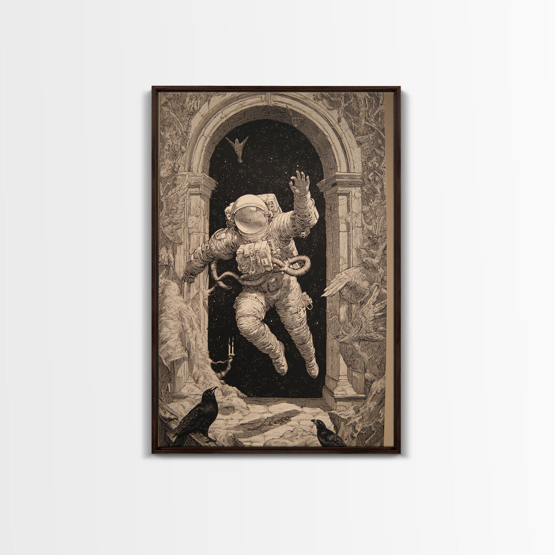 The Astronaut Ghost, Renaissance Engraving Art, Vertical Wall Art, Dark Fantasy Wall Art, Framed Canvas Print, Halloween Wall Art