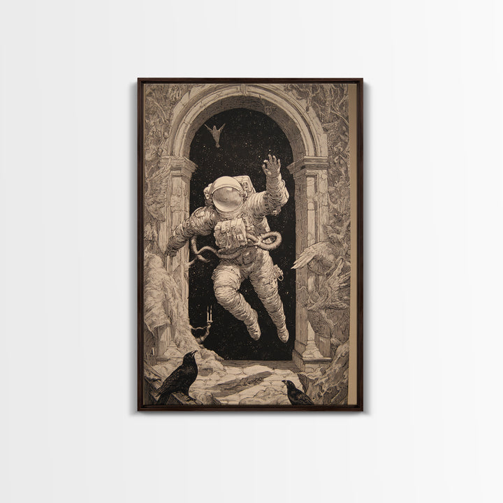 The Astronaut Ghost, Renaissance Engraving Art, Vertical Wall Art, Dark Fantasy Wall Art, Framed Canvas Print, Halloween Wall Art
