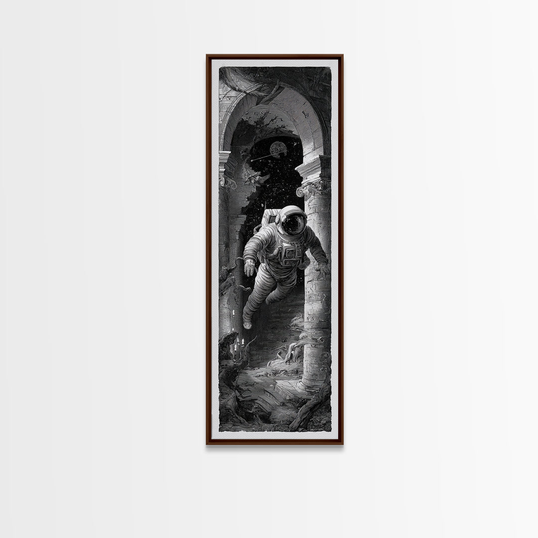 The Astronaut Ghost, Architectural Etching Art, Tall Narrow Wall Art, Dark Halloween Decor, Framed Canvas Print