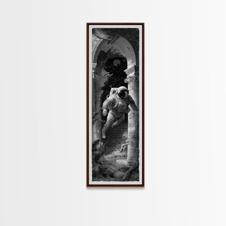 The Astronaut Ghost, Architectural Etching Art, Tall Narrow Wall Art, Dark Halloween Decor, Framed Canvas Print