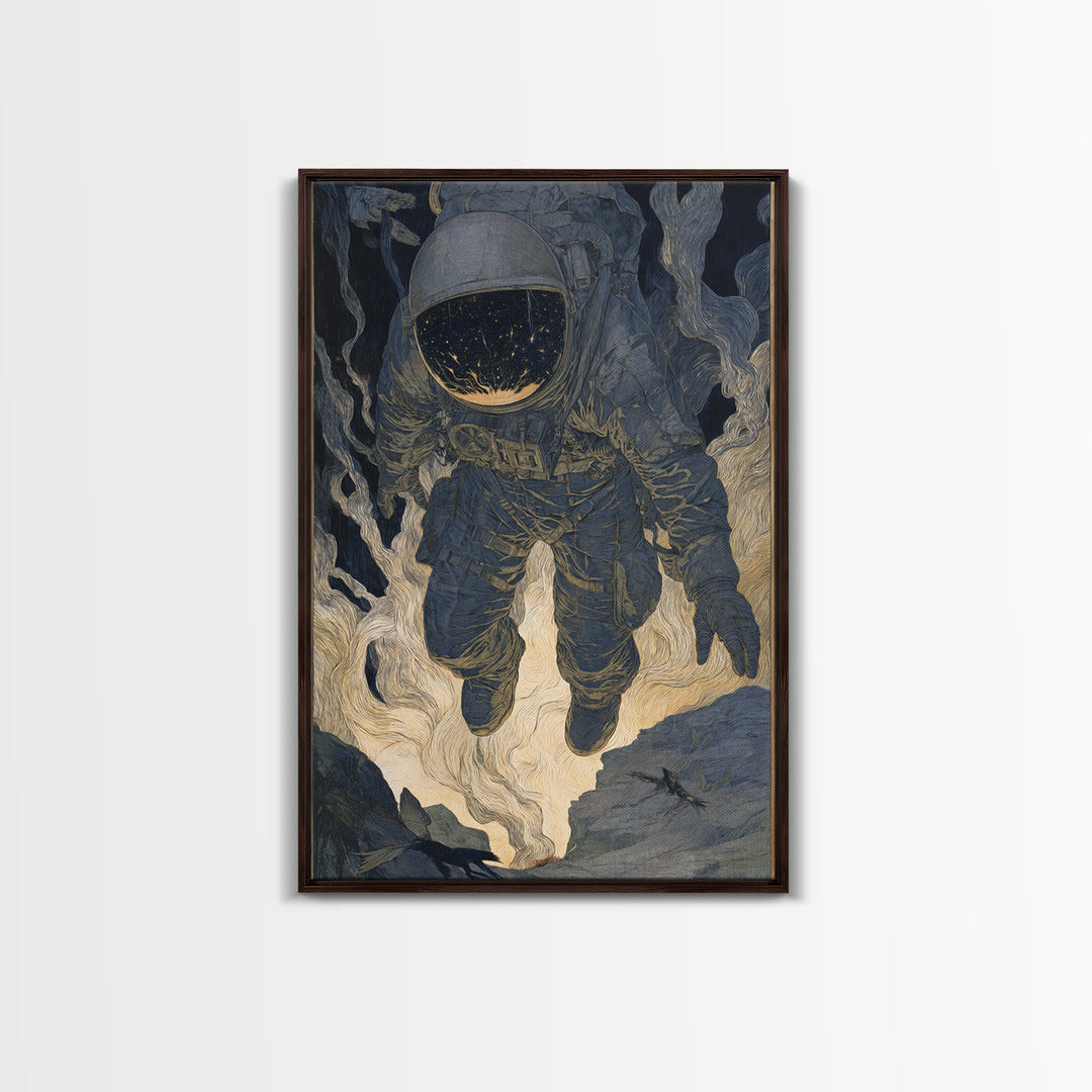 The Astronaut Ghost, Symbolist Etching Art, Vertical Wall Art, Macabre Wall Art, Framed Canvas Print, Halloween Wall Art