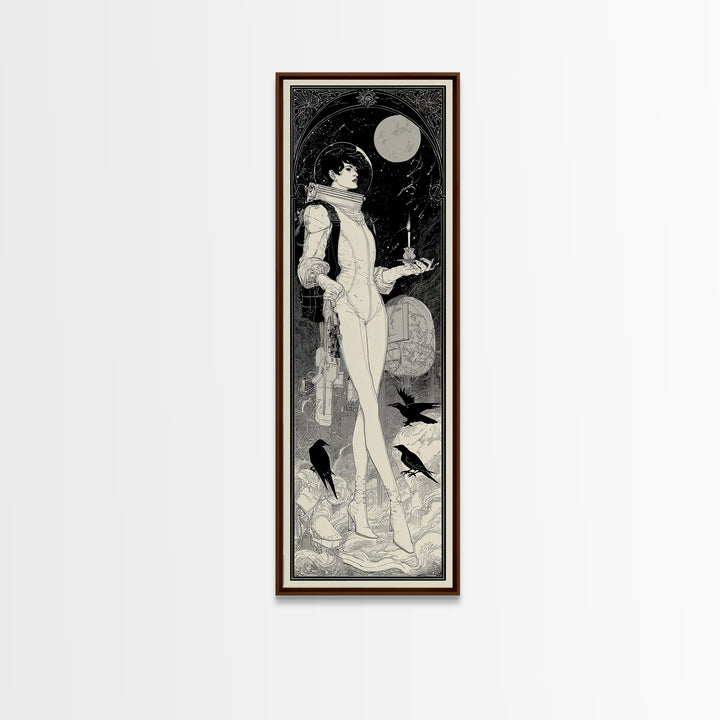 The Astronaut Ghost, Decadent Line Art, Tall Narrow Wall Art, Gothic Horror Wall Art, Canvas Print, Halloween Wall Art