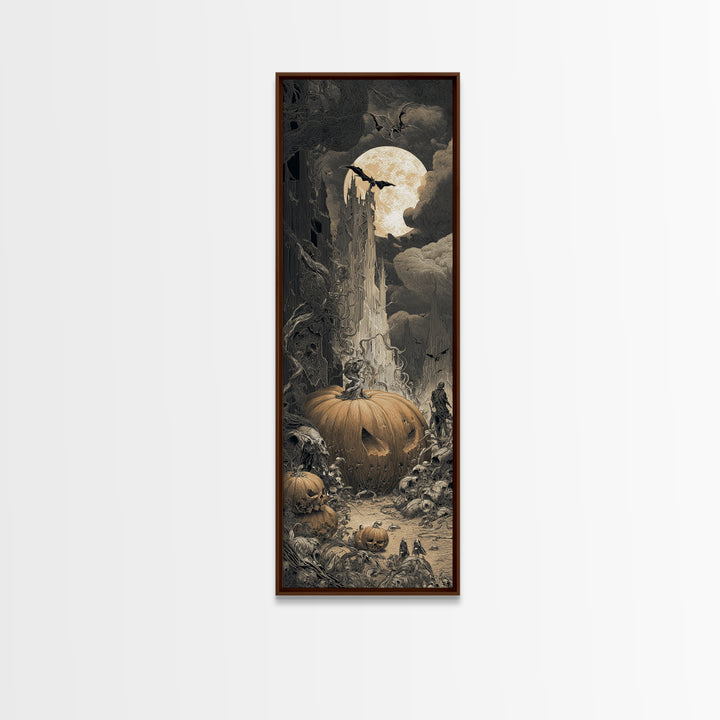 The Alien Pumpkin Patch, Gothic Engraving Art, Tall Narrow Wall Art, Dark Fantasy Wall Art, Canvas Print, Halloween Wall Art