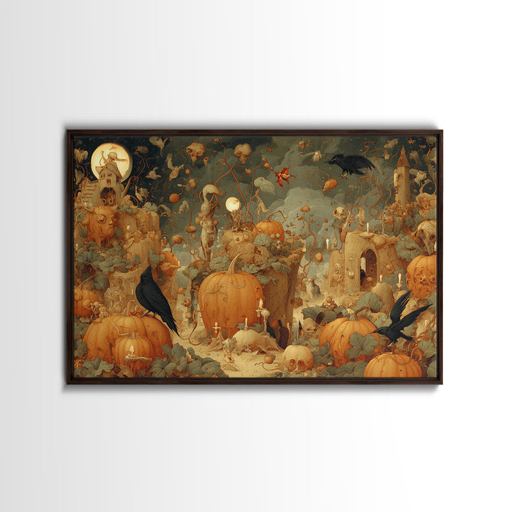 The Alien Pumpkin Patch, Medieval Grotesque Art, Landscape Wall Art, Macabre Wall Art, Canvas Print, Halloween Wall Art