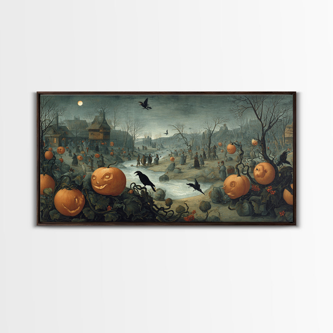The Alien Pumpkin Patch, Northern Renaissance Horror, Wide Panoramic Art, Dark Halloween Decor, Canvas Print, Halloween Wall Art