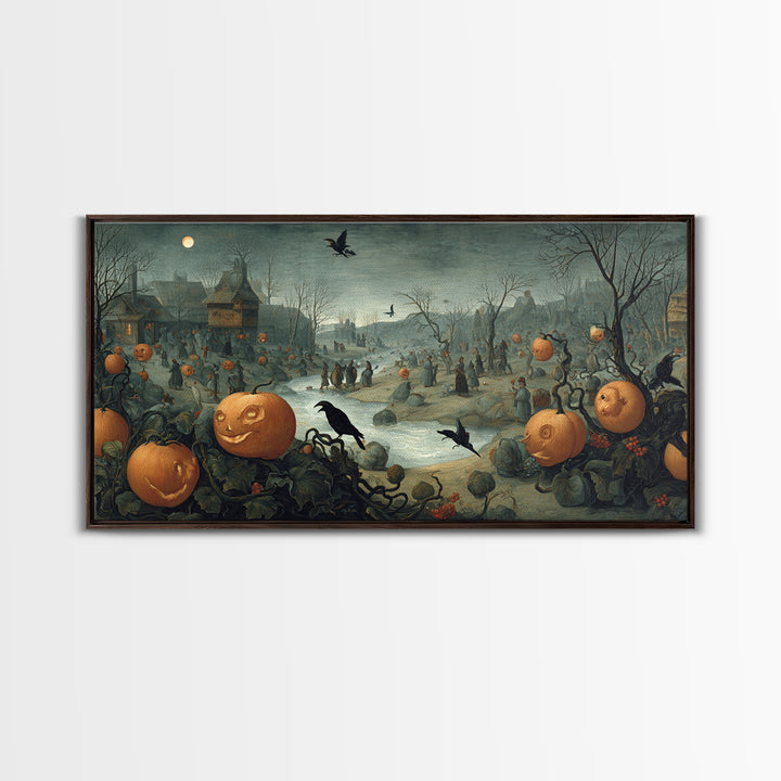 The Alien Pumpkin Patch, Northern Renaissance Horror, Wide Panoramic Art, Dark Halloween Decor, Canvas Print, Halloween Wall Art