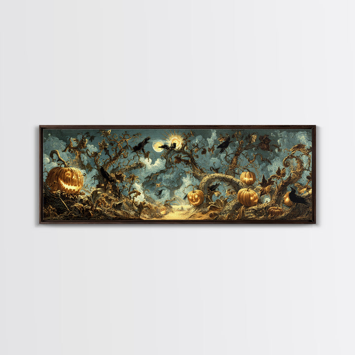 The Alien Pumpkin Patch, Visionary Gothic Art, Extra Wide Wall Art, Dark Halloween Decor, Framed Canvas Print, Halloween Wall Art