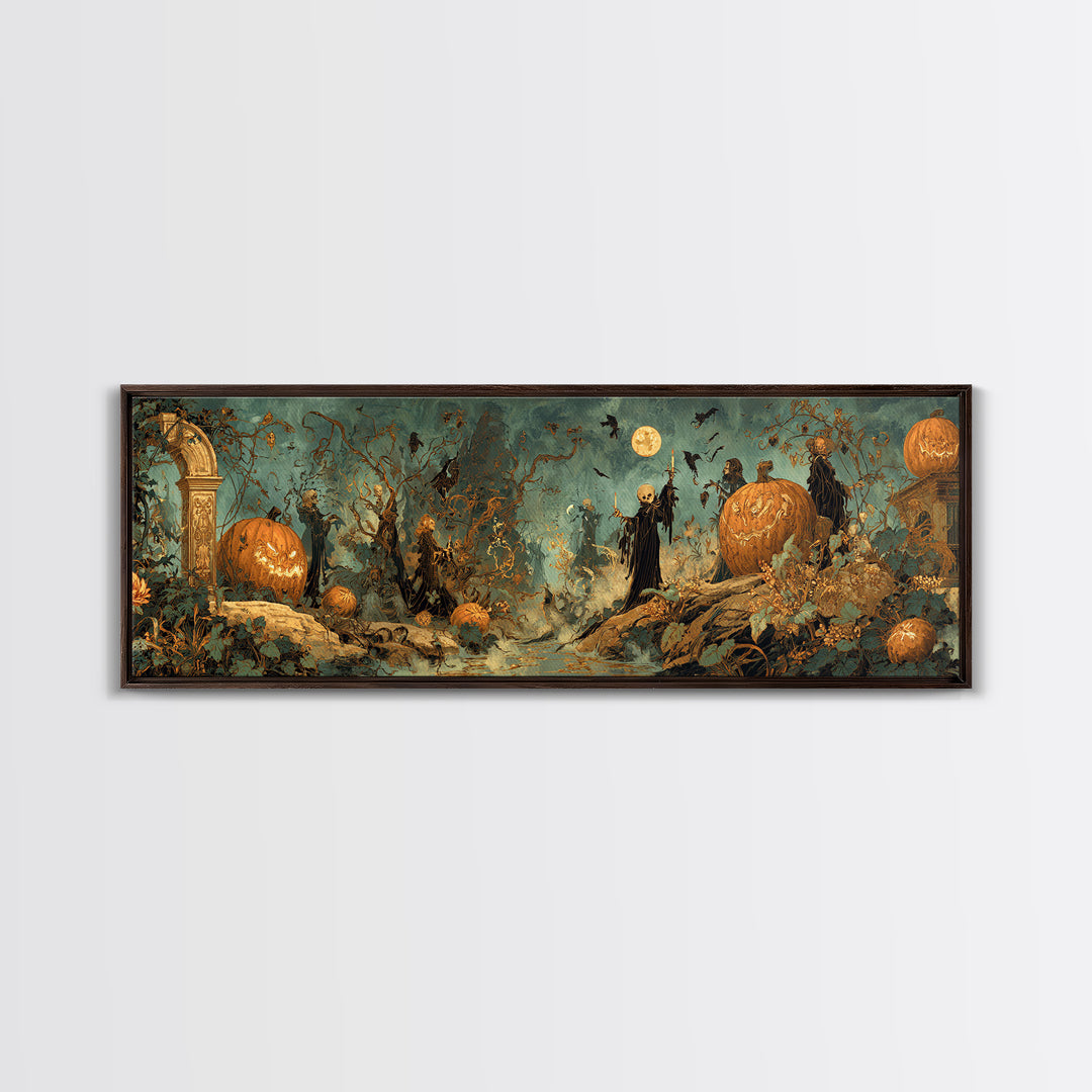 The Alien Pumpkin Patch, Ornate Symbolist Art, Extra Wide Wall Art, Dark Halloween Decor, Canvas Print, Halloween Wall Art