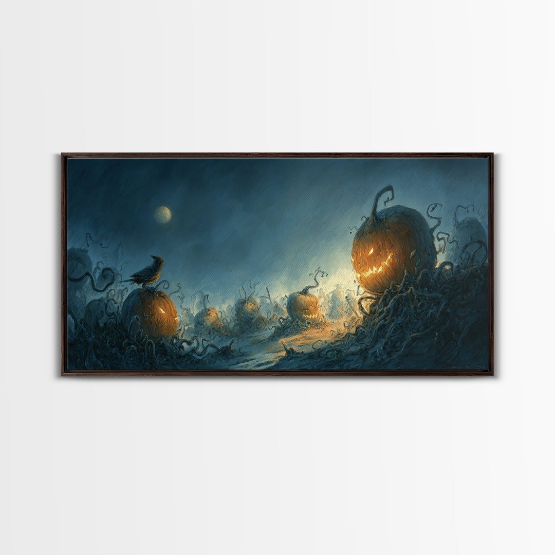 The Alien Pumpkin Patch, Expressionist Nightmare Art, Wide Panoramic Art, Macabre Wall Art, Framed Canvas Print, Halloween Wall Art