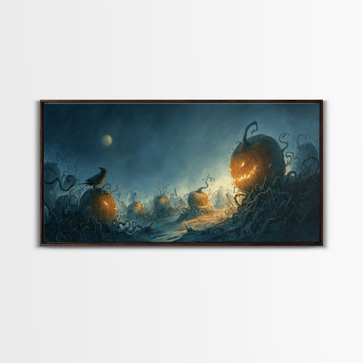 The Alien Pumpkin Patch, Expressionist Nightmare Art, Wide Panoramic Art, Macabre Wall Art, Framed Canvas Print, Halloween Wall Art