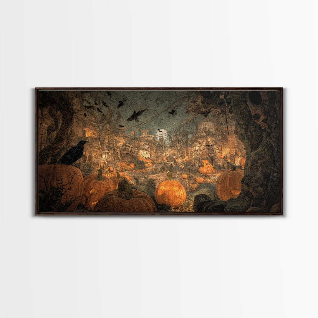 The Alien Pumpkin Patch, Grotesque Carnival Art, Wide Panoramic Art, Gothic Horror Wall Art, Framed Canvas Print, Halloween Wall Art