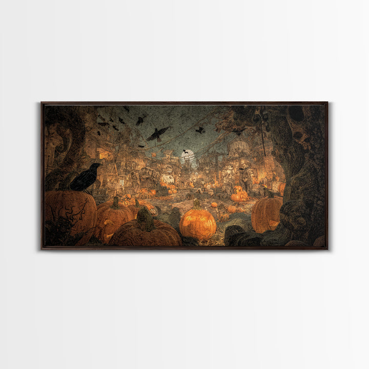 The Alien Pumpkin Patch, Grotesque Carnival Art, Wide Panoramic Art, Gothic Horror Wall Art, Framed Canvas Print, Halloween Wall Art