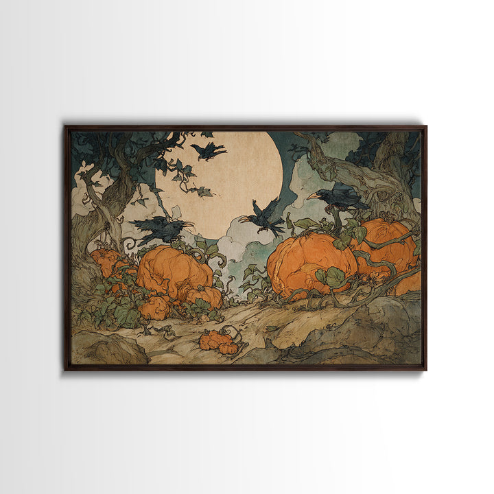 The Alien Pumpkin Patch, Gothic Storybook Art, Landscape Wall Art, Macabre Wall Art, Framed Canvas Print, Halloween Wall Art