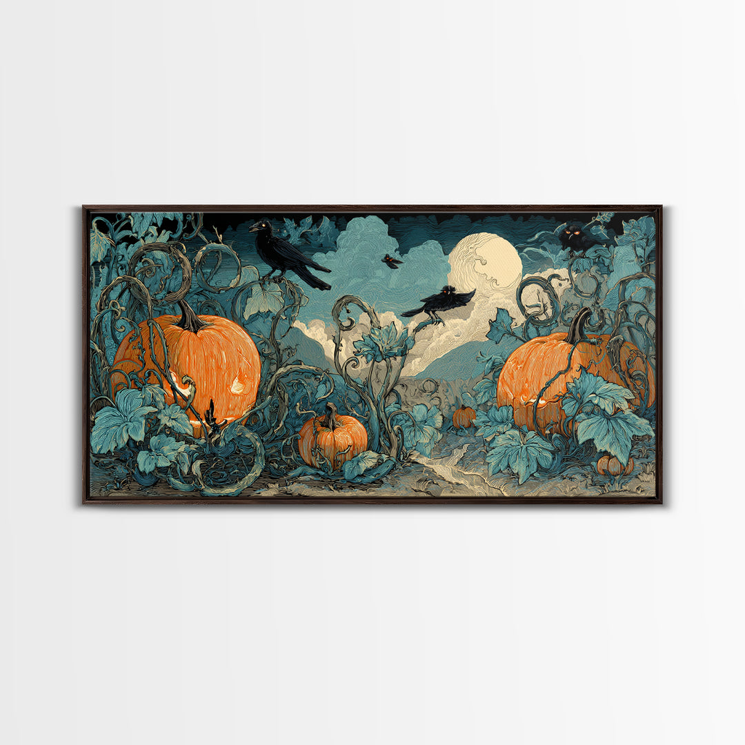 The Alien Pumpkin Patch, Macabre Folk Print Art, Wide Panoramic Art, Macabre Wall Art, Canvas Print, Halloween Wall Art