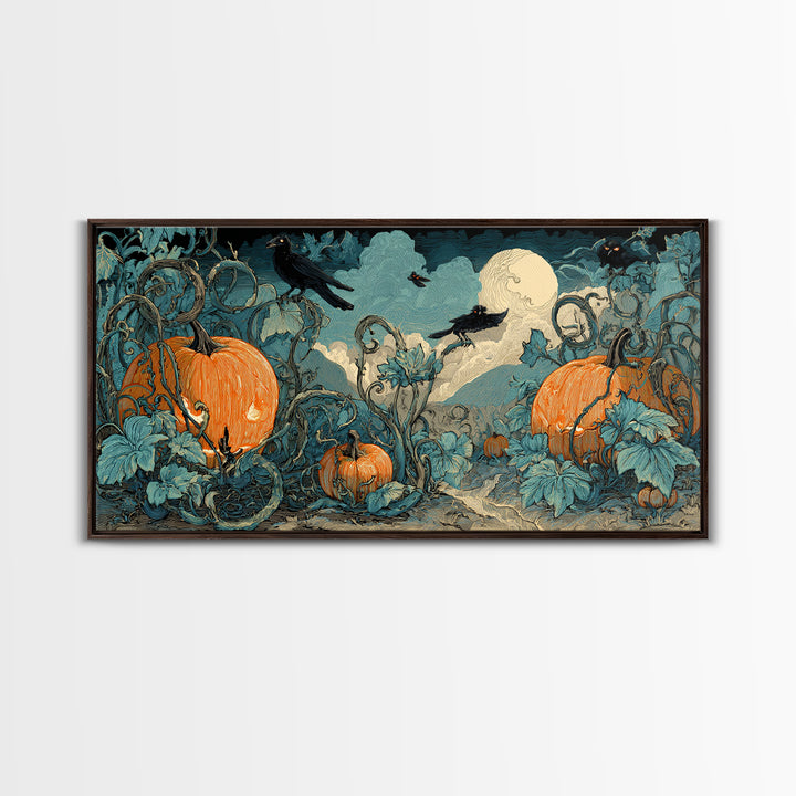 The Alien Pumpkin Patch, Macabre Folk Print Art, Wide Panoramic Art, Macabre Wall Art, Canvas Print, Halloween Wall Art