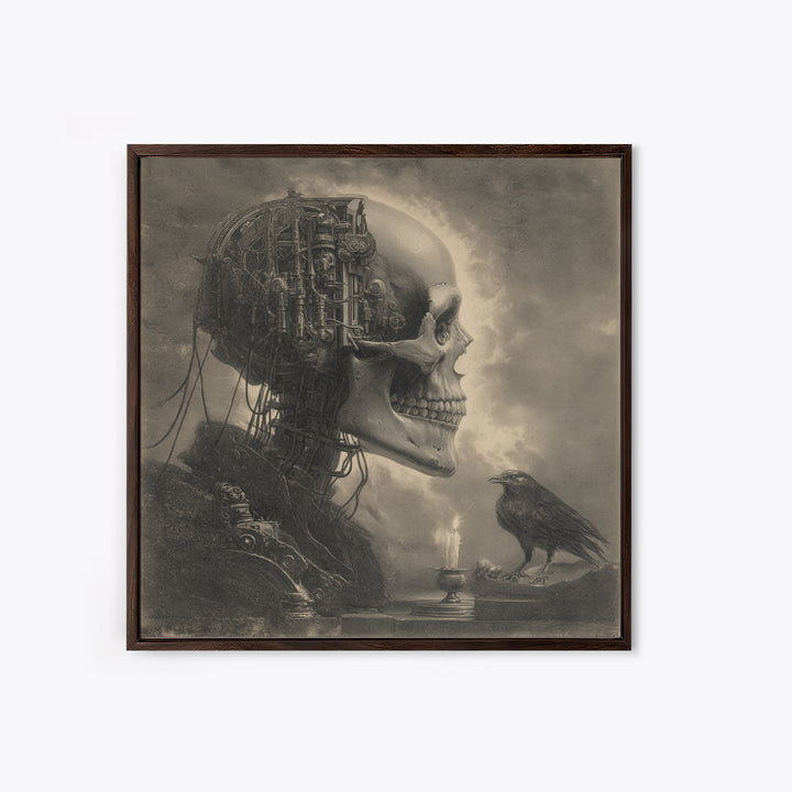 The Biomechanical Skeleton, Symbolist Etching Art, Square Wall Art, Dark Fantasy Wall Art, Canvas Print, Halloween Wall Art