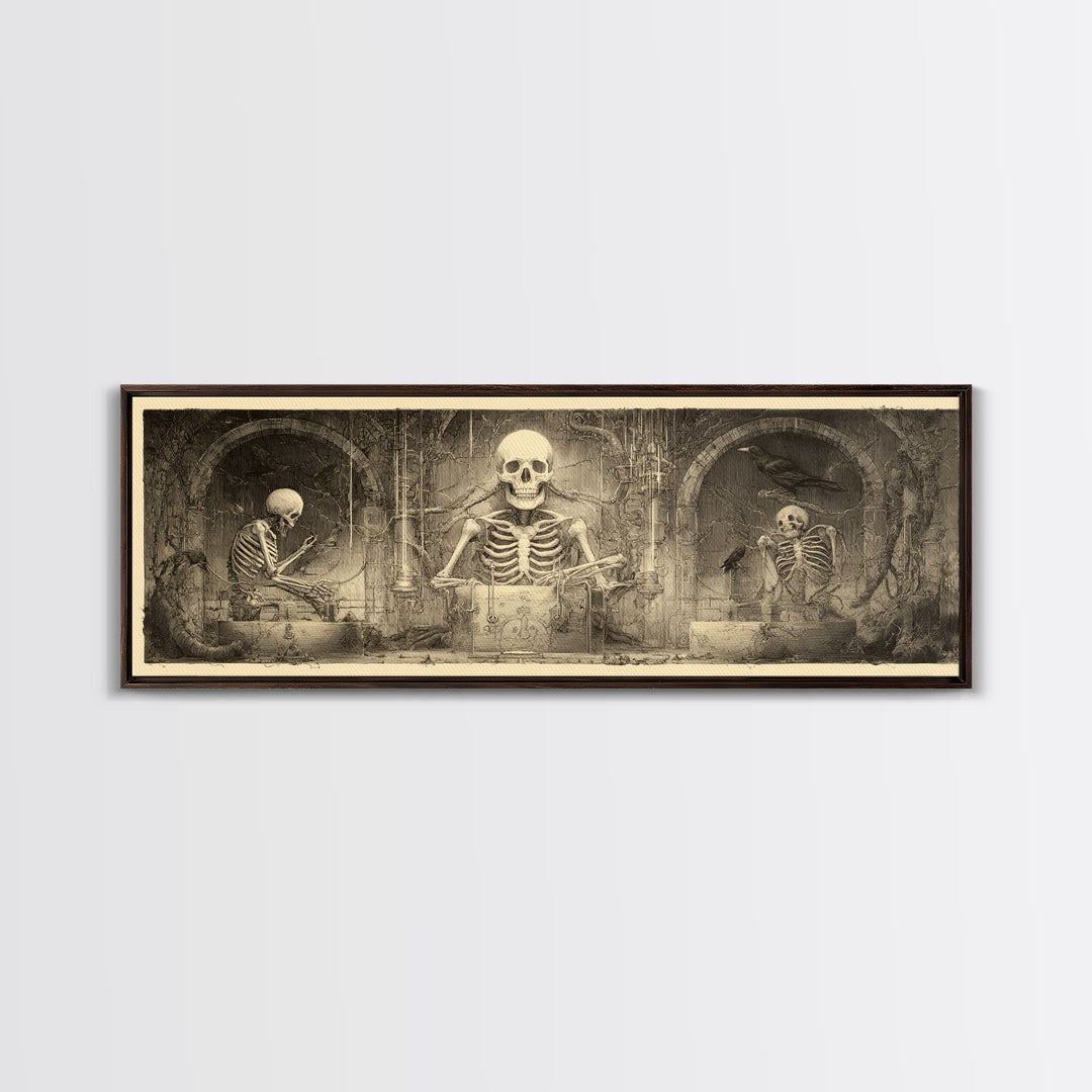 The Biomechanical Skeleton, Expressionist Nightmare Art, Extra Wide Wall Art, Dark Fantasy Wall Art, Framed Canvas Print, Halloween Wall Art