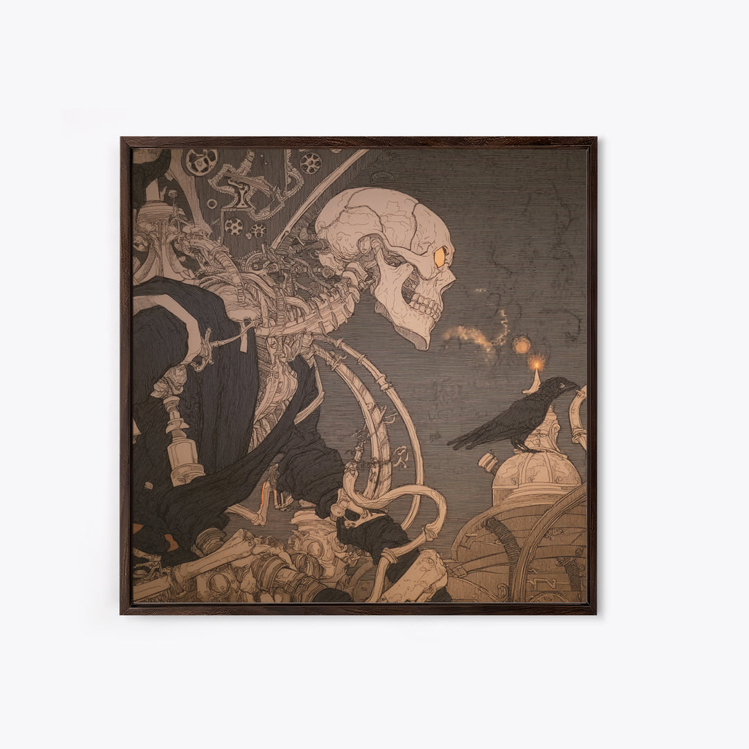 The Biomechanical Skeleton, Decadent Line Art, Square Wall Art, Gothic Horror Wall Art, Framed Canvas Print, Halloween Wall Art