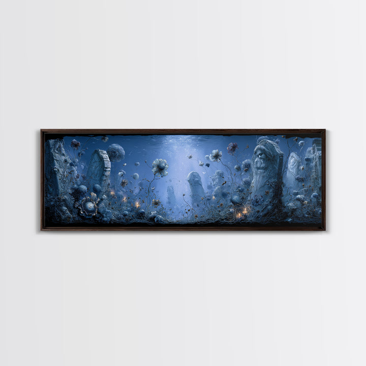 The Underwater Graveyard, Symbolist Dream Art, Extra Wide Wall Art, Dark Halloween Decor, Canvas Print, Halloween Wall Art