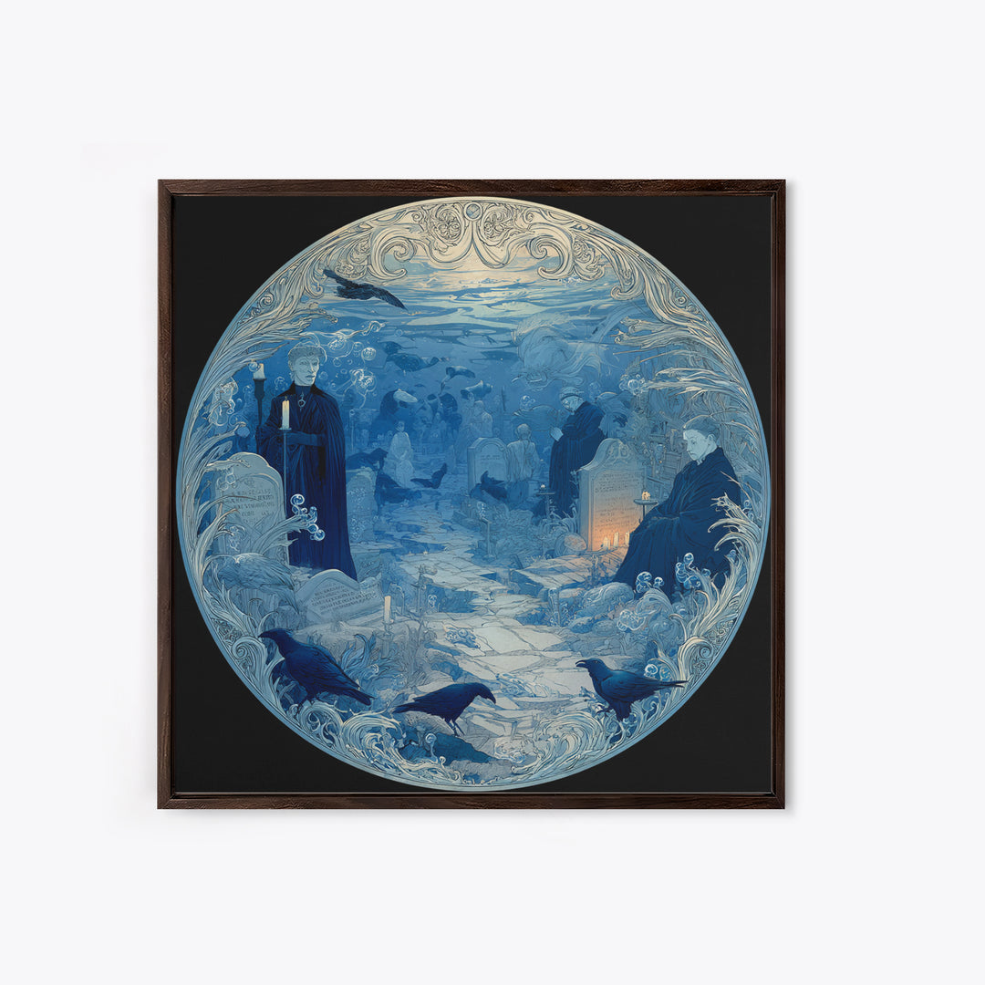 The Underwater Graveyard, Symbolist Death Art, Square Wall Art, Dark Fantasy Wall Art, Framed Canvas Print, Halloween Wall Art