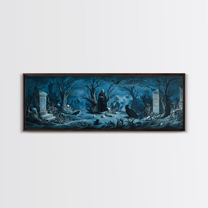 The Underwater Graveyard, Symbolist Etching Art, Extra Wide Wall Art, Macabre Wall Art, Canvas Print, Halloween Wall Art