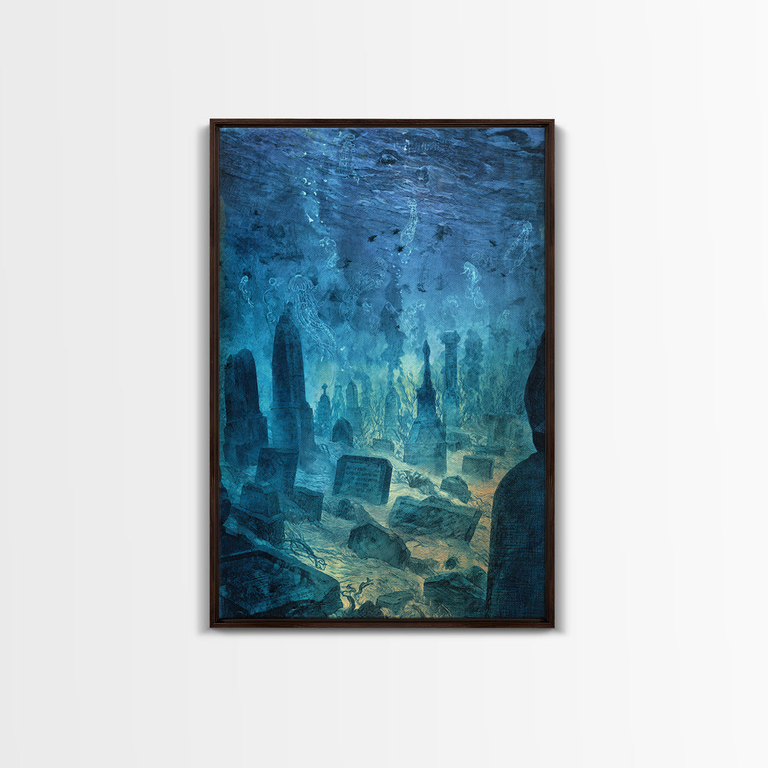 The Underwater Graveyard, Expressionist Gothic Art, Vertical Wall Art, Dark Fantasy Wall Art, Framed Canvas Print, Halloween Wall Art