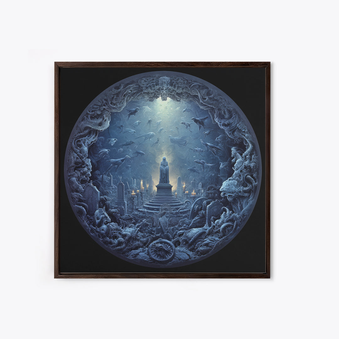 The Underwater Graveyard, Biomechanical Horror Art, Square Wall Art, Dark Fantasy Wall Art, Framed Canvas Print, Halloween Wall Art
