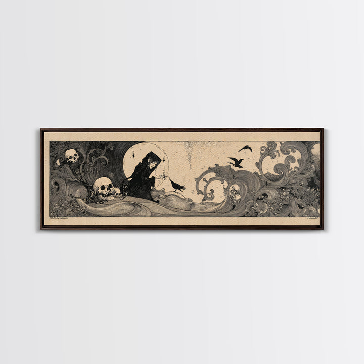 Desert Halloween, Decadent Line Art, Extra Wide Wall Art, Macabre Wall Art, Framed Canvas Print, Halloween Wall Art