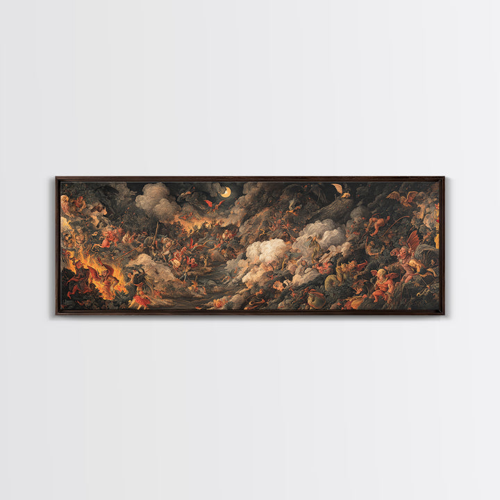 The Volcanic Demon Festival, Medieval Grotesque Art, Extra Wide Wall Art, Dark Halloween Decor, Framed Canvas Print