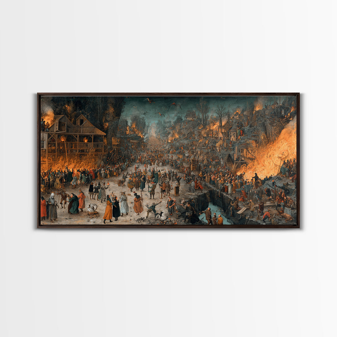The Volcanic Demon Festival, Northern Renaissance Horror, Wide Panoramic Art, Gothic Horror Wall Art, Framed Canvas Print