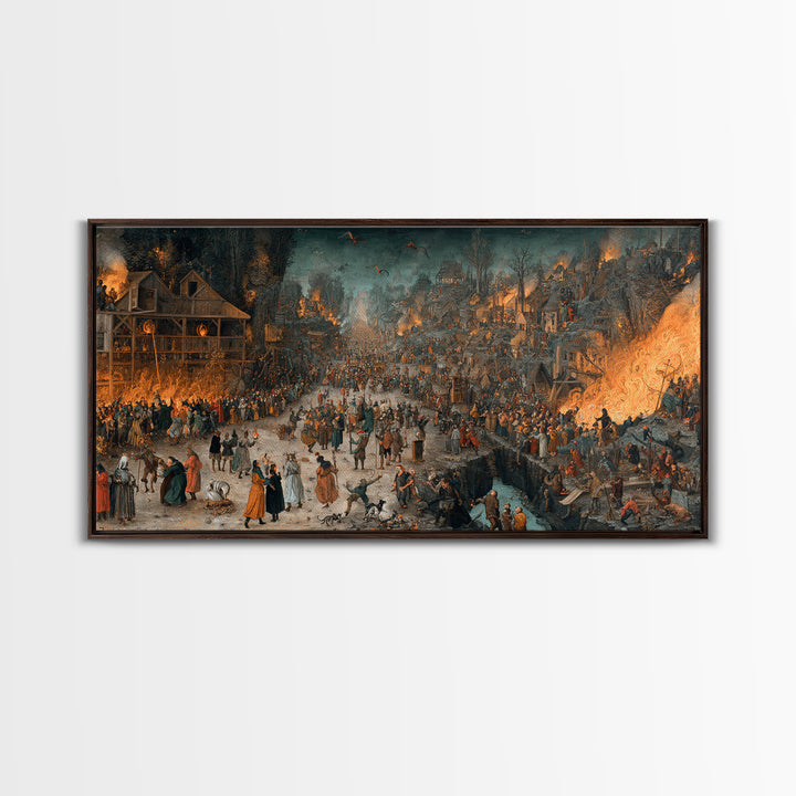 The Volcanic Demon Festival, Northern Renaissance Horror, Wide Panoramic Art, Gothic Horror Wall Art, Framed Canvas Print