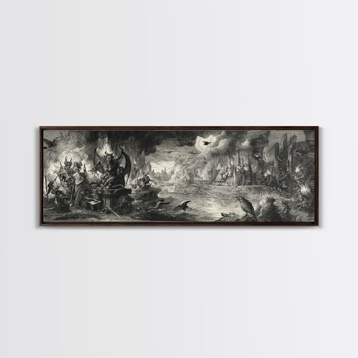 The Volcanic Demon Festival, Renaissance Engraving Art, Extra Wide Wall Art, Dark Halloween Decor, Canvas Print, Halloween Wall Art
