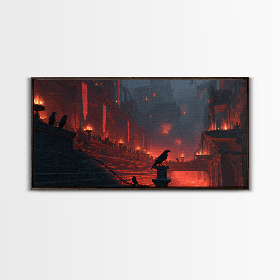 The Volcanic Demon Festival, Architectural Etching Art, Wide Panoramic Art, Gothic Horror Wall Art, Canvas Print