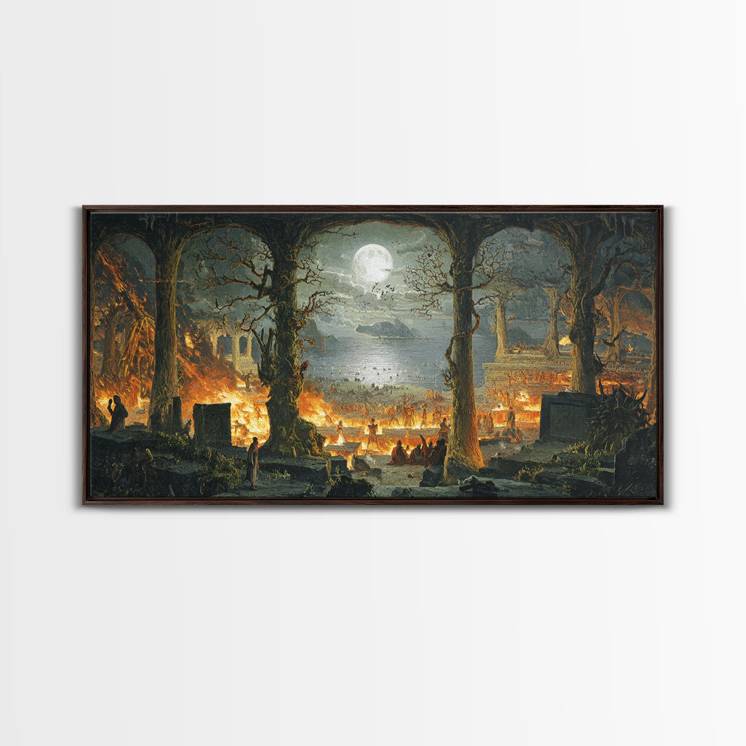 The Volcanic Demon Festival, Romantic Gothic Landscape, Wide Panoramic Art, Dark Halloween Decor, Canvas Print, Halloween Wall Art