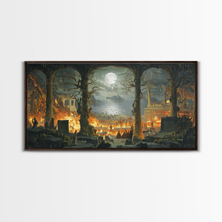 The Volcanic Demon Festival, Romantic Gothic Landscape, Wide Panoramic Art, Dark Halloween Decor, Canvas Print, Halloween Wall Art