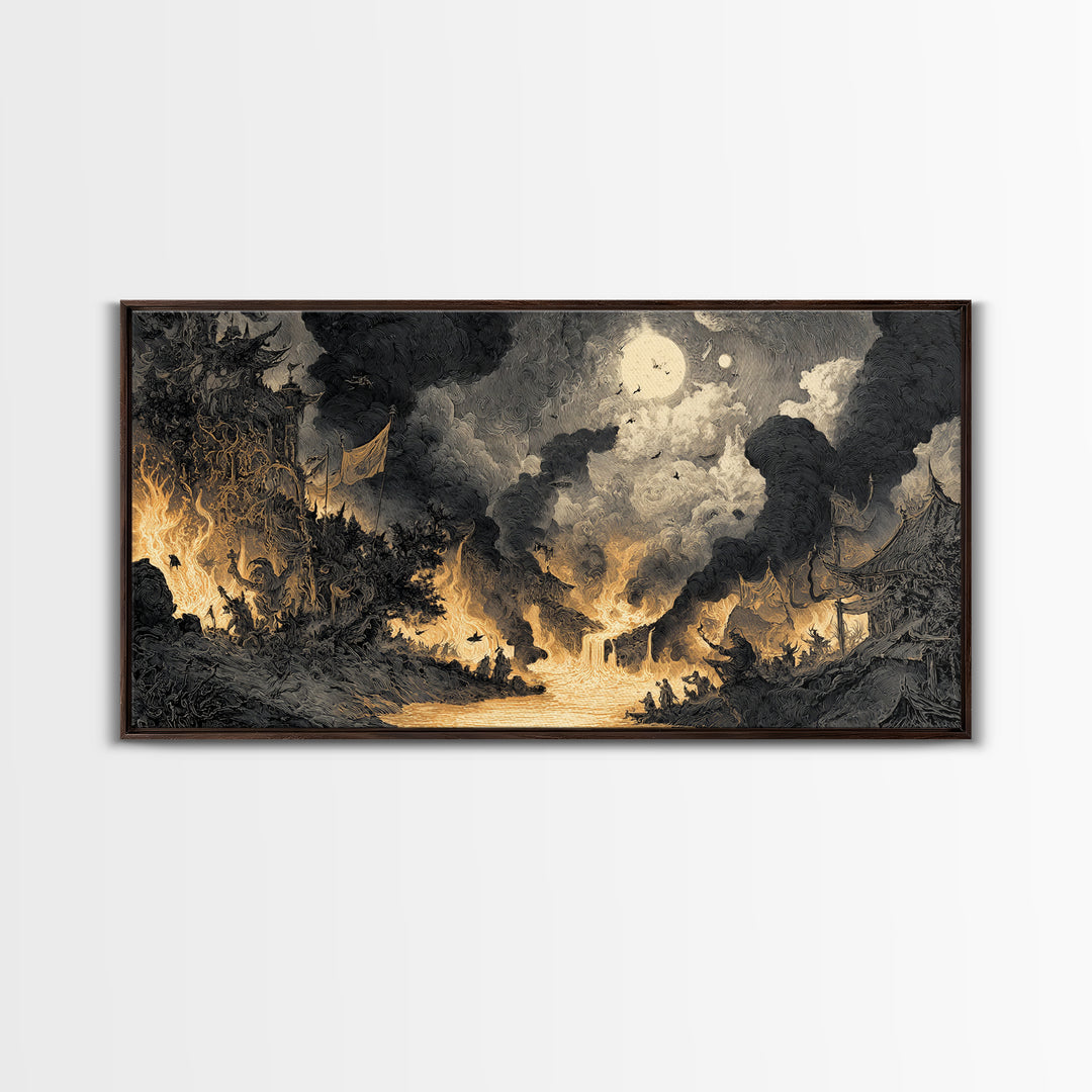 The Volcanic Demon Festival, Expressionist Nightmare Art, Wide Panoramic Art, Dark Halloween Decor, Canvas Print, Halloween Wall Art
