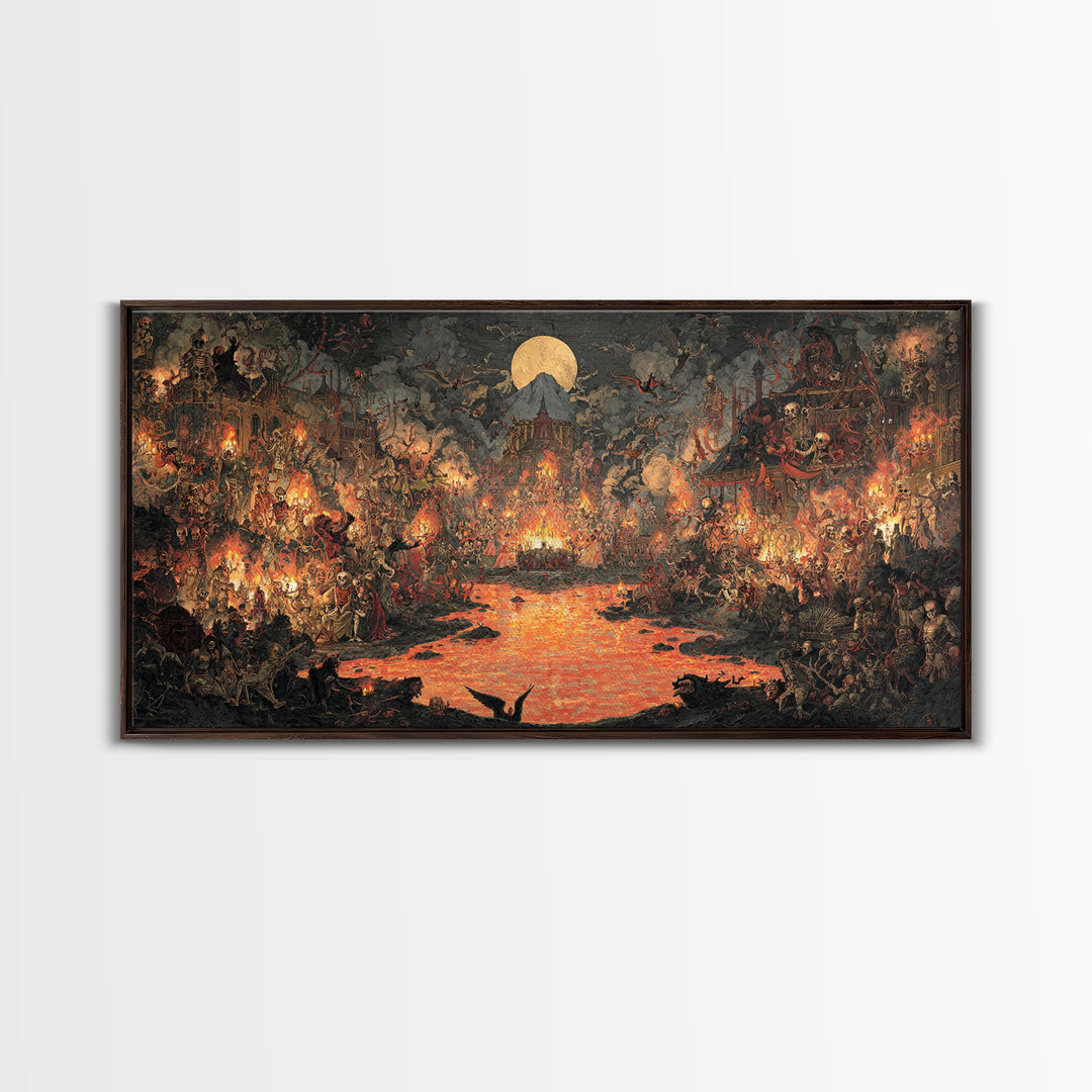 The Volcanic Demon Festival, Grotesque Carnival Art, Wide Panoramic Art, Dark Fantasy Wall Art, Framed Canvas Print, Halloween Wall Art