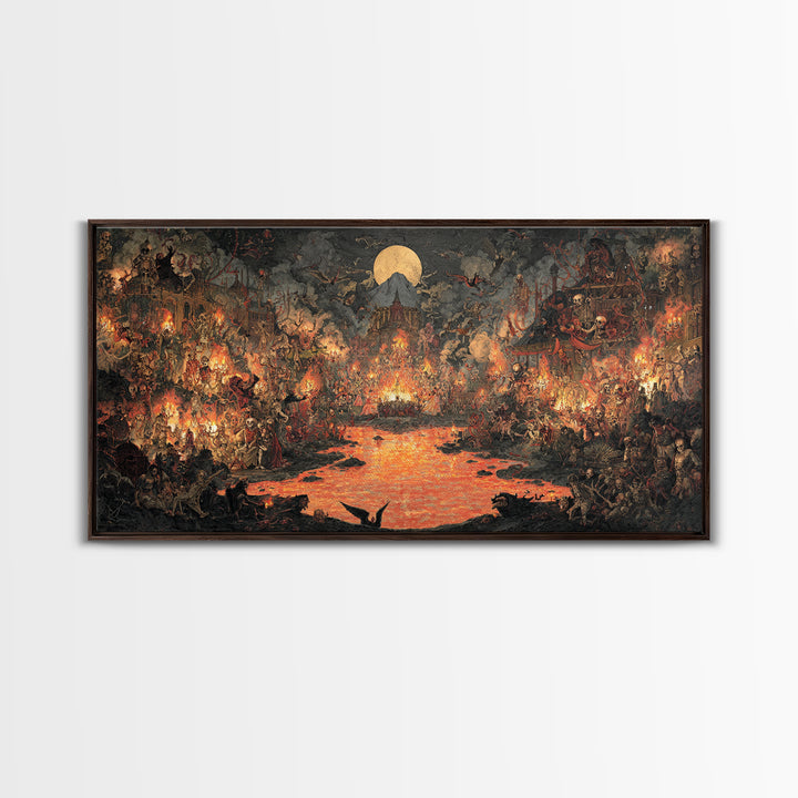 The Volcanic Demon Festival, Grotesque Carnival Art, Wide Panoramic Art, Dark Fantasy Wall Art, Framed Canvas Print, Halloween Wall Art