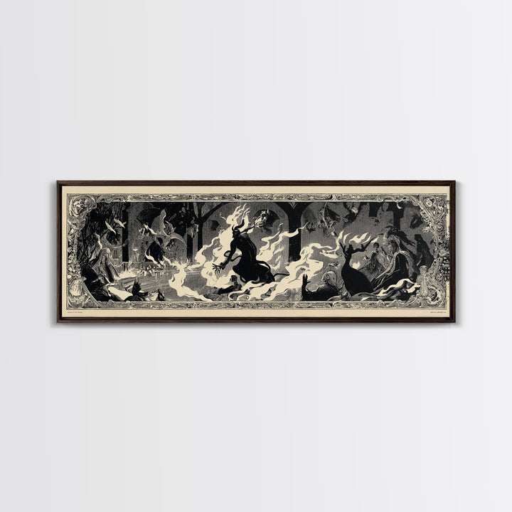 The Volcanic Demon Festival, Decadent Line Art, Extra Wide Wall Art, Dark Halloween Decor, Framed Canvas Print