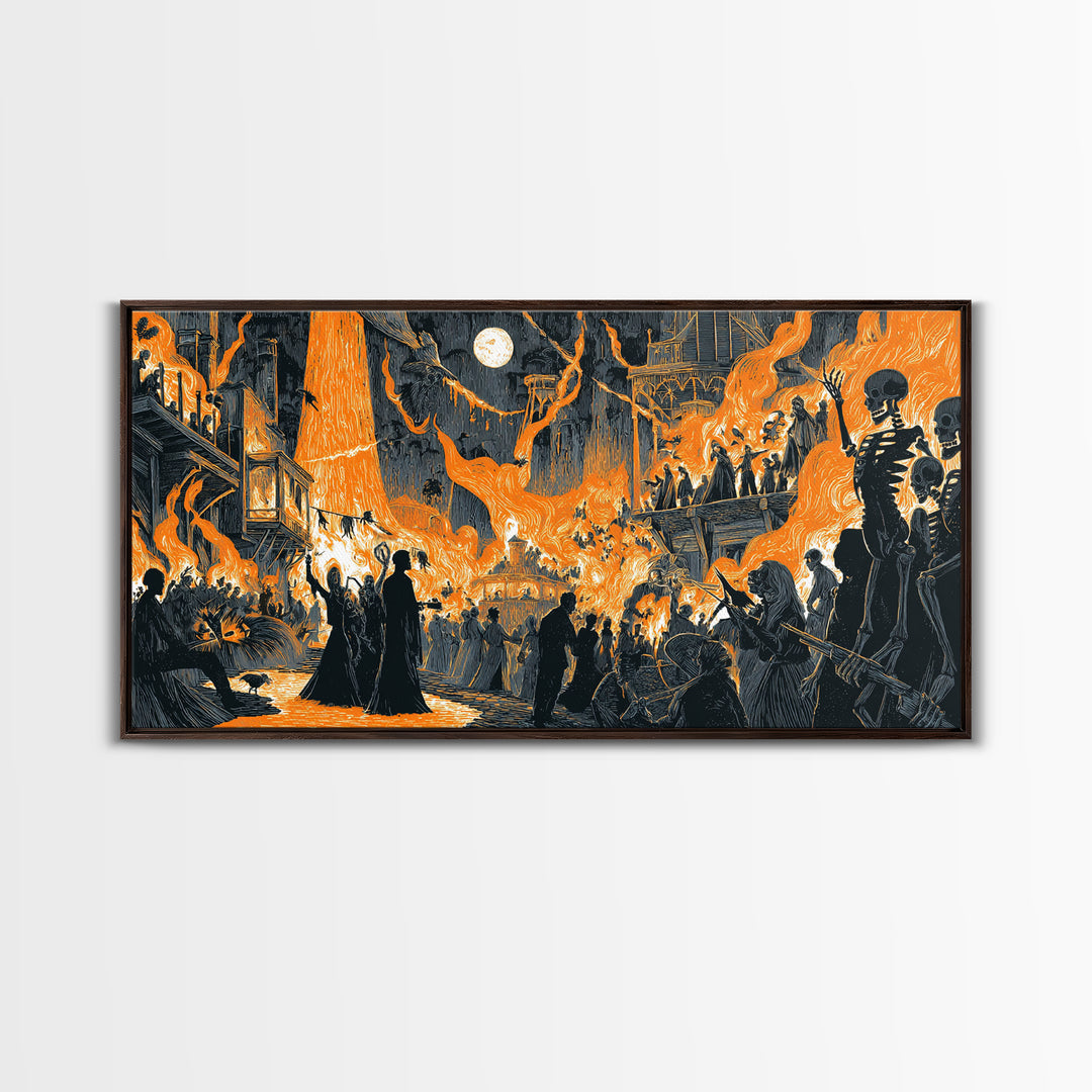 The Volcanic Demon Festival, Macabre Folk Print Art, Wide Panoramic Art, Dark Fantasy Wall Art, Framed Canvas Print