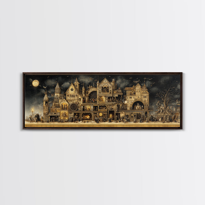 The Clockwork Haunted House, Medieval Grotesque Art, Extra Wide Wall Art, Gothic Horror Wall Art, Canvas Print, Halloween Wall Art