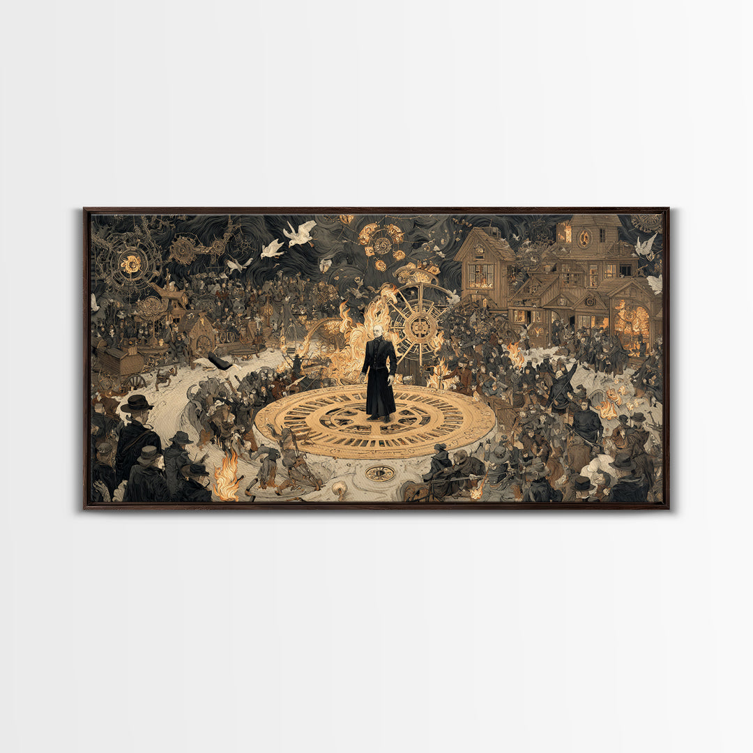 The Clockwork Haunted House, Northern Renaissance Horror, Wide Panoramic Art, Macabre Wall Art, Framed Canvas Print