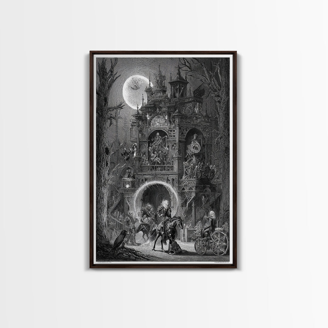 The Clockwork Haunted House, Renaissance Engraving Art, Vertical Wall Art, Macabre Wall Art, Framed Canvas Print, Halloween Wall Art